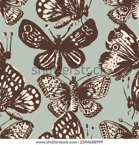 Ink painted butterflies placed randomly in one direction in dark brown, off white and mint green color palette. A seamless vector pattern. Great for home decor, fabric, wallpaper, giftwrap, stationery