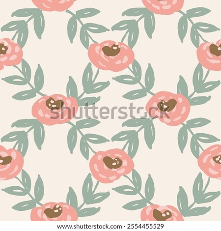 Flowers and leaves of cute round roses forming a diamond net geometrical pattern in pink, green, brown and off white colors. Cute dark floral design. A seamless vector pattern. Great for home decor.