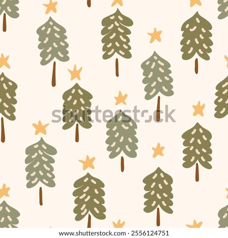 Simple and cute scalloped Christmas tree with stars in winter color palette of green, brown and yellow on beige background. Christmas seamless vector pattern. Great for home decor, fabric, wallpaper.