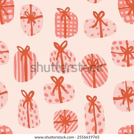 Patterned gift boxes in palette of pinks and reds on off white background forming a cute boxy pattern in winter color palette. Christmas seamless vector pattern. Great for homedecor, fabric, wallpaper