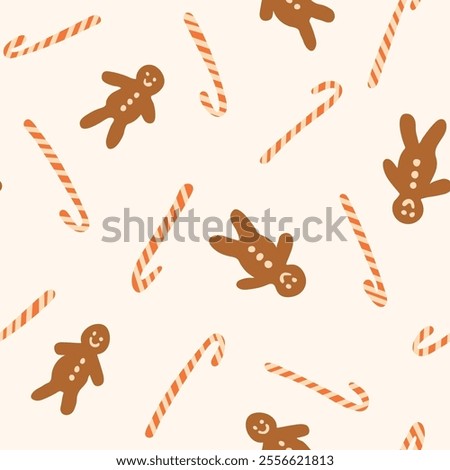 Cute gingerbread man and candy canes in brown and orange on off white background.  Seamless vector Christmas pattern. Great for home decor, fabric, wallpaper, gift wrap, stationery, packaging designs.