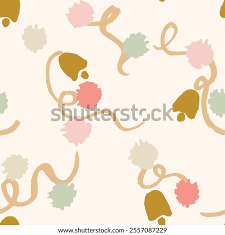 Little pompom ribbons bearing bells at the end in palette of pink, baby pink, mint green, cream and mustard yellow on off white background. Cute, simple Christmas pattern. Great for home decor, fabric