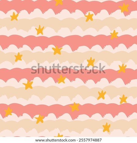 Cute brush stroke design forming sky and stars in a color palette of pink, peach, off white and yellow. Simple and minimal Christmas seamless vector pattern. Great for home decor, fabric, wallpaper.