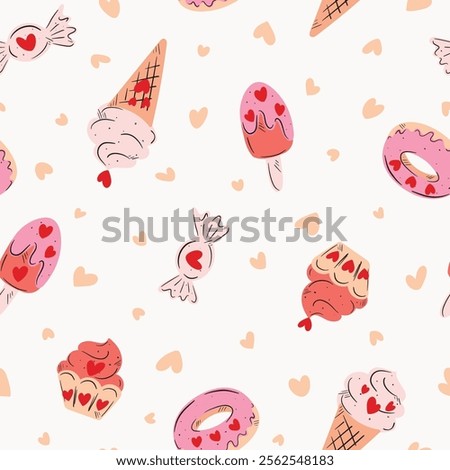 Cute ice creams, doughnuts, toffees and cupcakes pattern with heart sprinkles in orange, pink, peach, cream and red on off white background. A seamless vector pattern. Great for home decor, fabric.