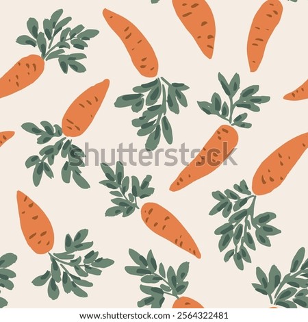 Scattered sweet turning carrots in a color palette of orange and green spread over off white background. A seamless vector pattern. Great for homedecor, fabric, wallpaper, giftwrap,stationery, packing