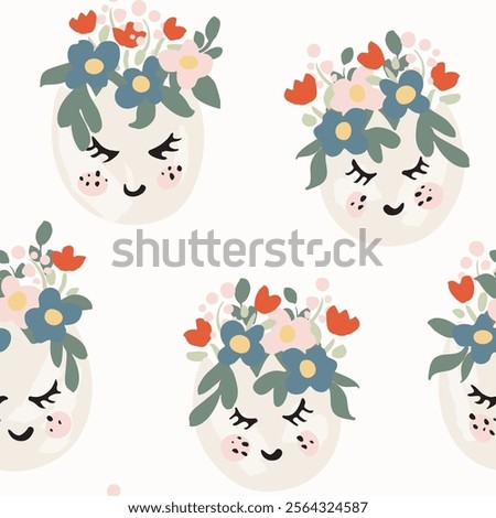 Cute blushing egg shells with rosy cheeks and floral crown in ivory, red, blue, pink and green on off white background. Beautiful easter seamless vector pattern. Great for homedecor, fabric, wallpaper