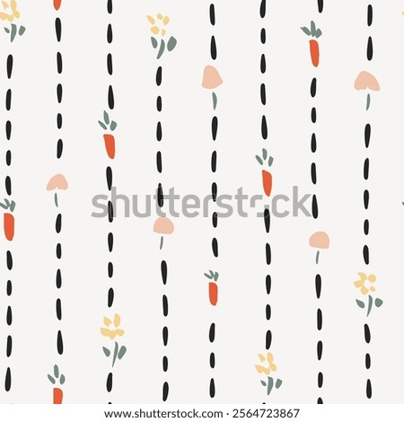 Cute dotted stripes with hand drawn carrots, mushrooms and flowers in orange, pink, yellow, black and green over off white background. A seamless vector pattern. Great for homedecor, fabric, wallpaper