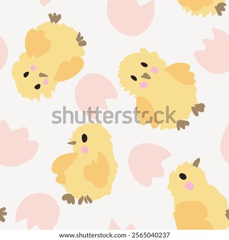 Little cute hand drawn chicks with rosy cheeks and egg shells in colors of yellow, brown, black and pink on off white background. Adorable kids design. Seamless vector pattern. Great for home decor.