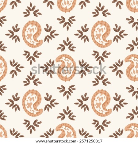 Ethnic hand painted paisley motif with leaves in diamond shapes in a subtle palette of cream, brown and peach on off white background. A seamless vector pattern. Great for homedecor, fabric, wallpaper