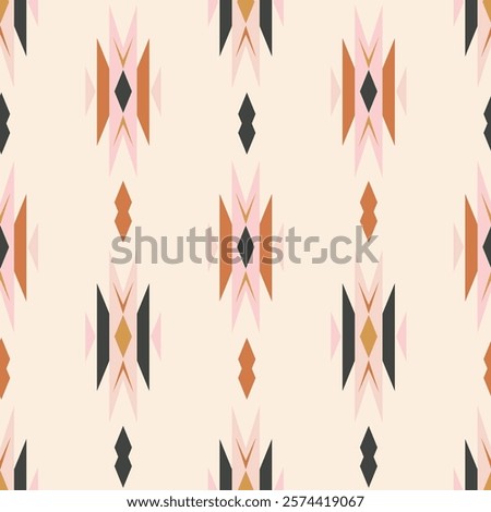 Ethnic hand painted geometric motif in a neutral color palette of yellow, pink and black on off white background. Beautiful seamless vector pattern. Great for home decor, fabric, wallpaper, gift wrap.