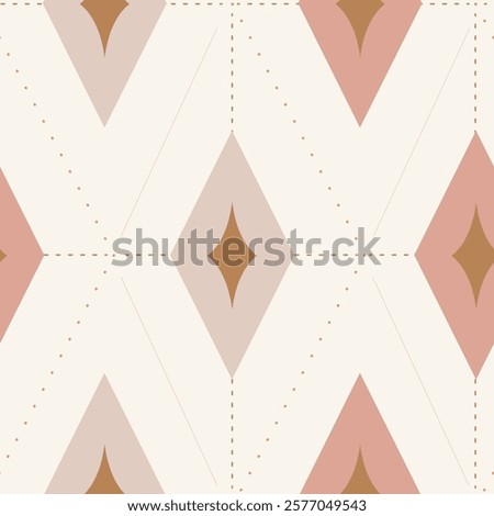 Geometrical diamond shapes with dots and lines in illusion of sparkling celestial design in peach, brown and gray on off white background. A seamless vector pattern. Great for home decor, fabric,gifts