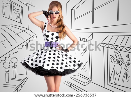 Vintage photo of a beautiful pin-up girl wearing a retro polka-dot dress and sunglasses on sketchy background of a shopping street.