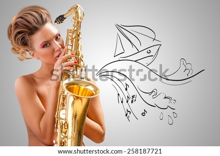 Retro portrait of a nude pin-up girl with vintage winged eyes, standing behind a saxophone and touching it with lips on grey sketchy background of a boat floating on music waves.