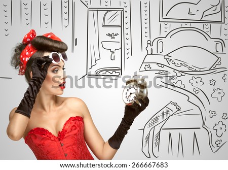 Beautiful pinup girl in a red vintage dress being late in the morning and holding a retro alarm clock in her hand on a sketchy background.