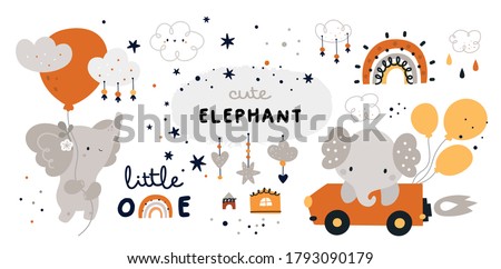 Little elephant is flying with balloon Childish collection with cute baby animals characters. Vector cartoon doodle design elements for kids design: rainbow, houses, clouds