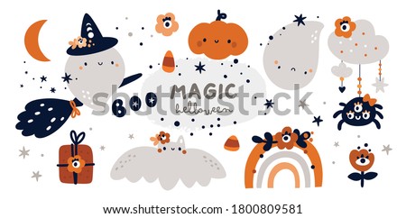 Happy Halloween childish collection with design elements. Halloween collection: ghost, witch, pumpkin, rainbow. Ideal for cards, poster, prints, anniversary, invitation and party decoration