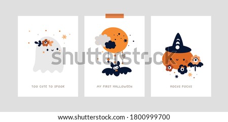 Milestone cards set for kids Halloween party. Nursery print, poster with little cute ghost, pumpkin. Baby shower cards collection. Ideal for kids room decoration, clothing, prints, anniversary, party