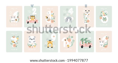Baby shower print with cute animals, capturing all the special moments. Baby milestone cards with flowers and numbers for newborn girl or boy. 1-11 months and 1 year.  Baby month anniversary card.