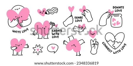 Cute hearts characters. Donate love, unite love. Stickers set or icons with lovely hearts. Flat graphic vector creative illustrations isolated on white background