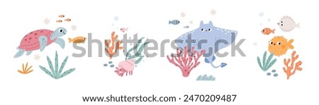 Сute underwater animals and fish in cartoon style. Ocean or sea fish, stingray, octopus, turtle, crab, shells, stars, aquatic plants. Vector children's print of the underwater world animals