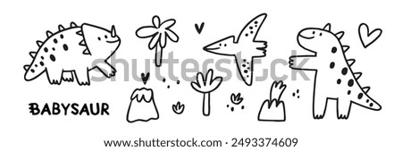 Dinosaurs line art hand drawn illustration. Cute cartoon baby dino. Simple dinosaur doodle print for kids