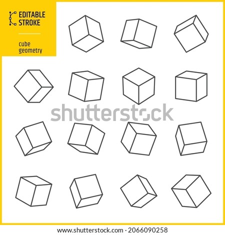 Editable stroke 3D cubes. Geometry vector icon set. Abstract rotating cube elements.