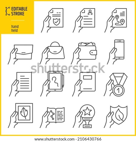 Editable stroke hand-held objects icons. Line thickness can be changed. Notebook, calendar, bag, purse, handbag, telephone, award and prize symbols.