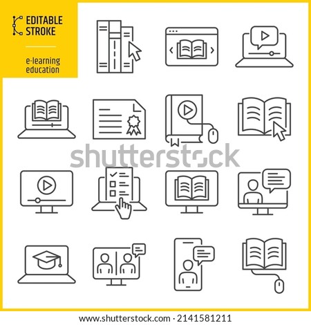 Editable stroke e-learning icons. Digital electronic communication design. Digital school, distance learning and online education concept. Line thickness can be changed.