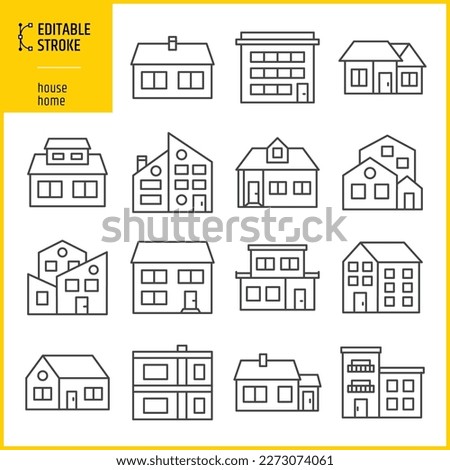 Editable stroke set of house. Home, building, cottage, apartment, villa, dacha icon concept. Line thickness can be changed.