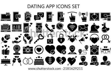 Dating app black filled icons set. Heart, love, profile, edit info, search, age range, location, gender, swipe and more. Used for modern concepts, web, UI, UX kit, Vector EPS 10 ready convert to SVG
