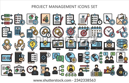 Project Management lineal multi color icons set, contain data analysis, graph, finance, network, idea and more. use for modern concept, UI or UX kit, web and app. vector EPS 10 ready convert to SVG.