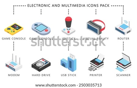 Electronic and multimedia isometric 3d icons set, contain game console, joy stick, router, printer and more. vector EPS 10. use for UI, UX technology, home appliances theme, app and web development.