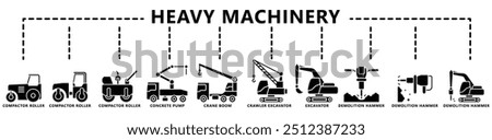 Heavy equipment glyph icon set, contain compactor, excavator, bulldozer, concrete pump, jackhammer and more. vector EPS 10. use for UI, UX, app and web constructions development.