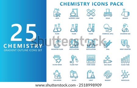 Chemistry gradient outline icon set, contain acid, atom, flask, beaker, distillation, molecule and more. vector EPS 10. use for UI, UX, app and web development. for for industry, education, health.