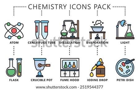 Chemistry lineal multi color icon set, contain atom, scale, distillation, DNA, flask, magnet, fume hood, and more. vector EPS 10. use for UI, UX, app and web development. for industry, education.