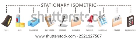 Stationary isometric 3D icons set, contain tape, glue, sharpener, envelope, folder, pin, calculator and more. vector EPS 10. use for UI, UX, app and web development, print, education and office.