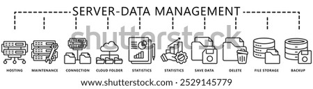 Data management black outline icons set. contain hosting, maintenance, statistics, storage, cloud, save, connection and more. Vector EPS 10. for UI or UX kit, web and app, finance, office, business