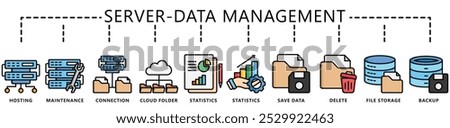 Data management lineal multi color set. contain hosting, maintenance, statistics, storage, cloud, save, connection and more. Vector EPS 10. for UI or UX kit, web and app, finance, office, business