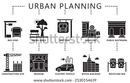 Urban planning glyph icons set. contain bus stop, museum, construction, garden, green space, EV, hospital and more. Vector EPS 10 for UI, UX kit, web and app, construction, environment, industry.