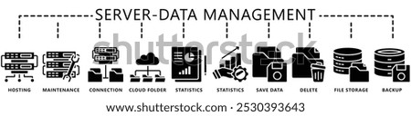 Data management glyph icons set. contain hosting, maintenance, statistics, storage, cloud, save, back up, connection and more. Vector EPS 10. for UI or UX kit, web and app, finance, office, business.