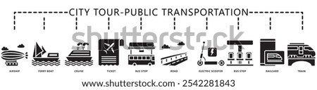 City tour, public transportation glyph icon banner. contain airship, road, bus stop, cruise, train, ticket, scooter, card and more. Vector EPS 10. for print, UI or UX kit, web and app development