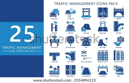 Traffic management blue color icons set. contain accident, barricade, road closing, junction, highway, traffic light and more. Vector EPS 10 for UI or UX kit, web and app, construction, environment