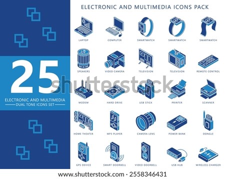 Electronic and multimedia dual tone icons set, contain smartphone, tv, speaker, smartwatch, disk, camera and more. vector EPS 10. For UI, UX technology, home appliances theme, app and web development.