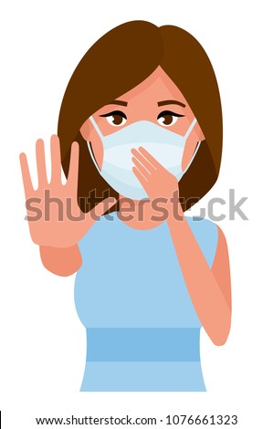 Woman showing gesture stop. Young woman with medicine health care mask against white room background. Cartoon flat vector illustration.