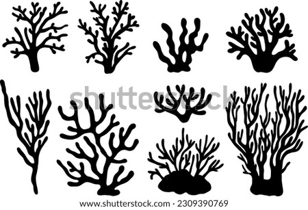 sea corals and seaweed black silhouette vector isolated