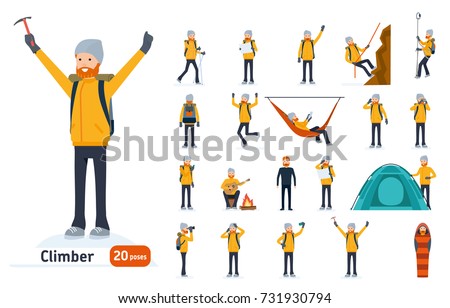 Climber set. Ready to use character set. Climber with a pick on top of a mountain, tourist hiking, resting, walking, trekking. Isolated white background. Vector illustration. Cartoon flat style. ストックフォト © 