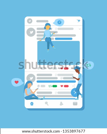 small people sit and stand on social media twitter interface. like posts, comment, twit. Flat vector illustration.
