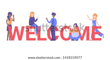 Concept new team member, welcome word, people celebrate, for web page, banner, presentation, social media, posters. Flat vector illustration.