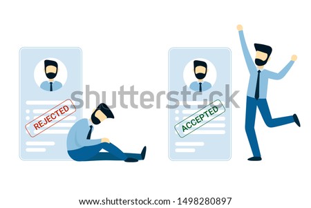 A man was accepted, refused a job. Happy and frustrated businessman. Blank or resume with stamp rejected and accept. Flat vector male character design concept illustration for business.