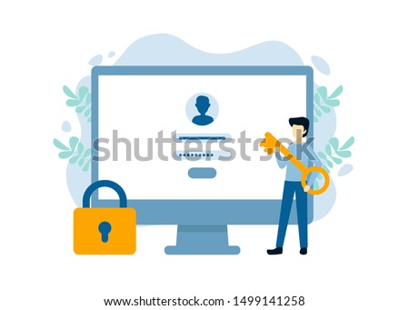 Man with key near computer and account login and password. Vector male character design concept for business. Illustration for landing page, web, poster, banner, layout, template.